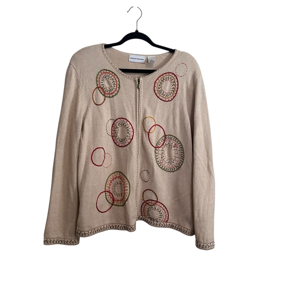Alfred Dunner Tan Full Zip Circle Patterned Womens Sweater XL Embroidered